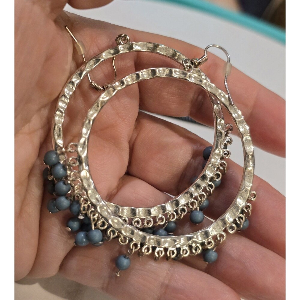 Silver Tone Hammered Hoop Earrings Blue Bead Fringe Boho Dangle #1238 READ